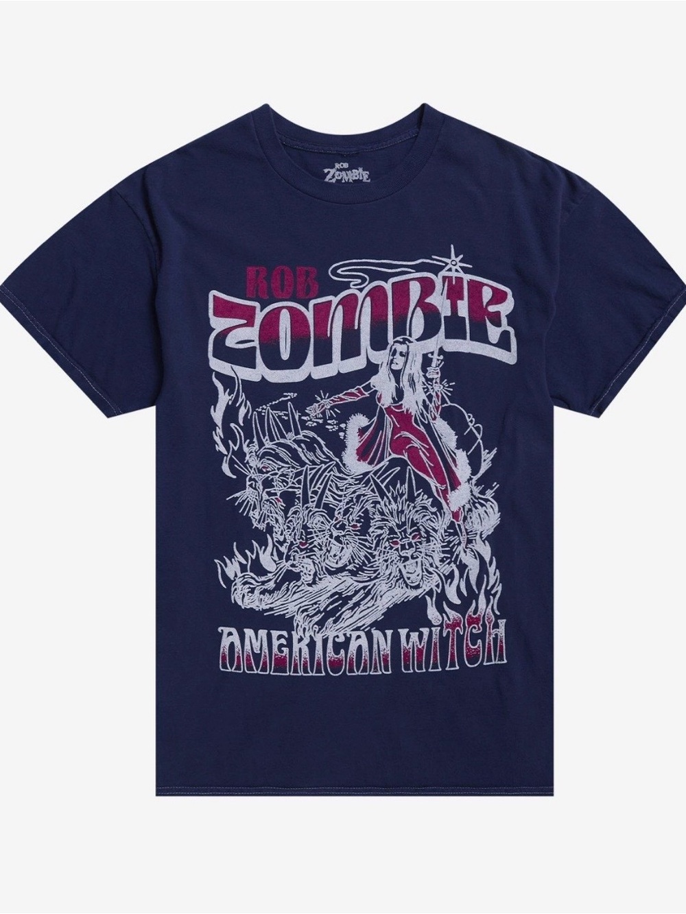 Hot Topic Rob Zombie Navy Graphic Tee with Pink and White Print American Witch
